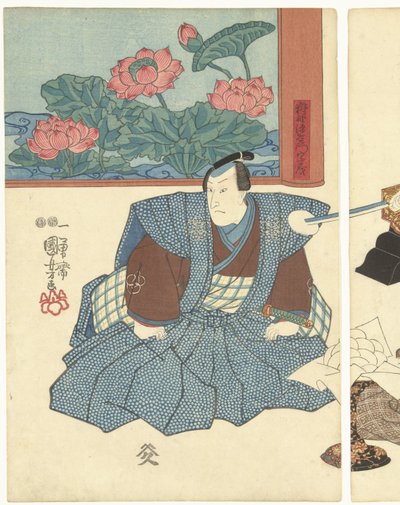 Tre skuespillere ved en foldeskærm af Utagawa Kuniyoshi