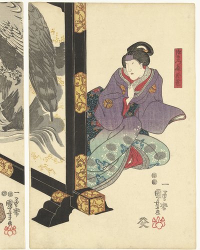 Tre skuespillere ved en foldeskærm af Utagawa Kuniyoshi