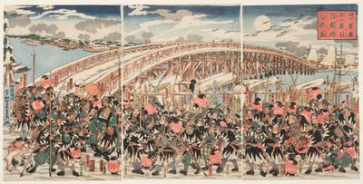 Ellevte akt af "Chushingura": De loyale støtter samles ved Ryogoku-broen af Utagawa Kuniyoshi