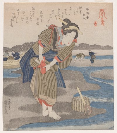 Kvinde, der fastgør sine skørter; fra serien Fem billeder af lavvande af Utagawa Kuniyoshi