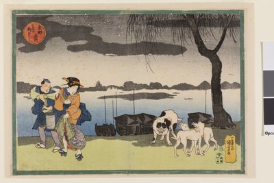 Geisha, ledsager og tre hunde nær Yanagi-broen ved Ryogoku, fra serien Famous Views of the Eastern Capital, ca. 1834 (farvetræsnit "nishiki-e"; blæk og farve på papir) af Utagawa Kuniyoshi