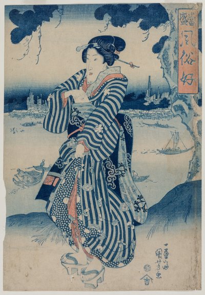 Geisha står på bredden af Sumida-floden (fra serien People Who Like the Latest Fashion and Manners) af Utagawa Kuniyoshi