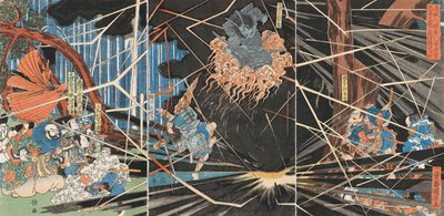 G supplement st af onde Minamoto no Yoshihira blev c guld g Namba Jiro ved Nunobiki Waterfal, Ka 1825. af Utagawa Kuniyoshi