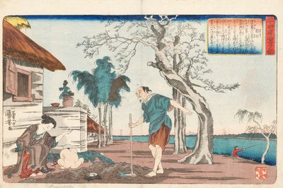 Kakkyo og hans kone graver en krukke guld i det hul, de gravede for at begrave deres spæde søn, signeret Ichiyusai Kuniyoshi ga, ca. 1843 (træblok i farver) af Utagawa Kuniyoshi