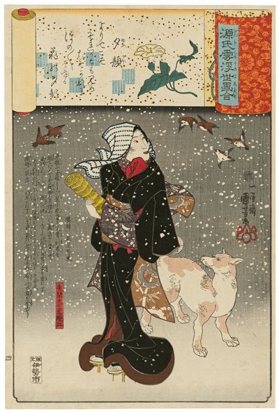 »Damen med aftenansigterne« (Yūgao): Yazamas hustru Orie (Yazama-shi no shitsu Orie), fra serien Scener blandt Genji-skyer sammenstillet med ukiyo-e-billeder (Genji-gumo ukiyo e-awase) af Utagawa Kuniyoshi