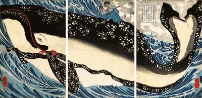 Miyamoto no Musashi angriber den gigantiske hval af Utagawa Kuniyoshi