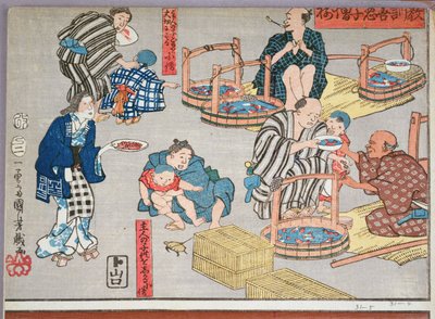 Moralsk undervisning for shopboys, der giver gode og dårlige eksempler på adfærd, 1857 (træblok i farver) af Utagawa Kuniyoshi