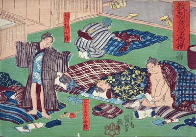 Moralsk undervisning for shopboys, der giver gode og dårlige eksempler på adfærd, 1857 (træblok i farver) af Utagawa Kuniyoshi