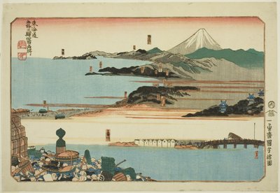 Nihonbashi, Shinagawa, Kawasaki og Kanagawa, fra serien "Famous Places on the Fifty-tre Stations of the Tokaido, Four Stations (Tokaido gojusan eki yonshuku meisho)" af Utagawa Kuniyoshi