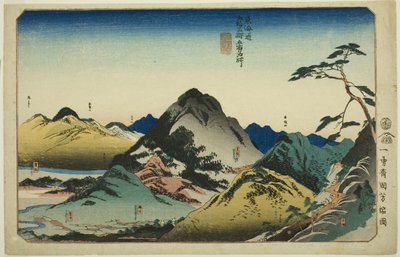 Nissaka, Kakegawa, Fukuroi, Mitsuke og Hamamatsu, fra serien "Famous Places on the Fifty-tre Stations of the Tokaido, Five Stations (Tokaido gojusan eki goshuku meisho)" af Utagawa Kuniyoshi