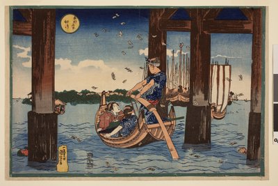 Pilgrimsmærker flyder ud i havet under broen nær Tsukuda Island, fra serien Famous Views of the Eastern Capital af Utagawa Kuniyoshi