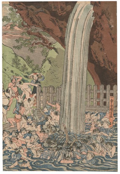 Pilgrimme ved Roben-vandfaldet ved Oyama, signeret Ichiyusai Kuniyoshi, udgivet af Azumaya Daisuke, kiwamesæl, Oban tate-e triptykon (træblok i farver) af Utagawa Kuniyoshi