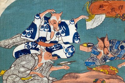 Racoon Dog and Fox at Play (Tanuki to kitsune no asobi), ca. 1842 af Utagawa Kuniyoshi