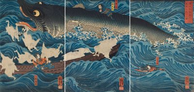 En figur, der redder Tametomo gennem medlemmerne af Sanuki, 1851. af Utagawa Kuniyoshi