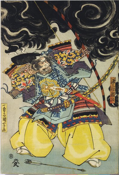 Ark fra en triptykon med farvet træblok, der forestiller Minamoto no Yorimasa, hjulpet af Ii Hayata og Watanabe Choshichi, der skyder nuen ned fra taget af kejser Konoes palads: Japan, Edo, af Utagawa Kuniyoshi, ca. 1820 - 1825 af Utagawa Kuniyoshi