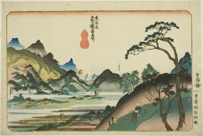 Shono, Kameyama, Seki, Sakanoshita og Tsuchiyama fra serien "Famous Places on the Fifty-tre Stations of the Tokaido, Five Stations (Tokaido gojusan eki goshuku meisho)" af Utagawa Kuniyoshi