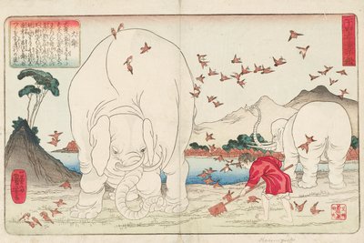 Taishun hakker en mark ved hjælp af elefanter og en flok spurve, signeret Ichiyusai Kuniyoshi ga, ca. 1843 (træblok i farver) af Utagawa Kuniyoshi