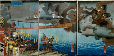 Takeda Shingen knuser Suwa Yorishiges kræfter (Takeda Shingen Suwa Yorishige no jinchū o uchi-kuzusu zu), ca. 1850-51 af Utagawa Kuniyoshi