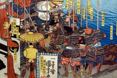 Takeda Shingen knuser Suwa Yorishiges kræfter (Takeda Shingen Suwa Yorishige no jinchū o uchi-kuzusu zu), ca. 1850-51 af Utagawa Kuniyoshi