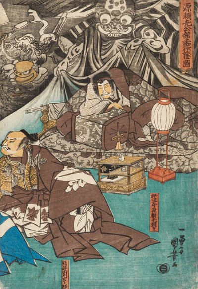 Jordedderkoppen fremmaner dæmoner i palæet Minamoto Raiko, 1843 af Utagawa Kuniyoshi