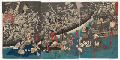 Jordedderkoppen skaber monstre i Lord Minamoto Yorimitsus palæ (Minamoto Yorimitsu [Raikō] kō no yakata ni tsuchigumo yōkai o nasu zu) af Utagawa Kuniyoshi