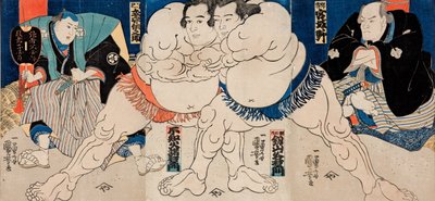 Sumo-bryderne Shiranui Dakuemon (i midten til venstre), Tsurugizan Taniemon (i midten til højre) sammen med dommeren Shikimori Inosuke og den siddende dommer (til venstre) samt den ældre (pensionerede) bryder Miyagino (til højre) af Utagawa Kuniyoshi