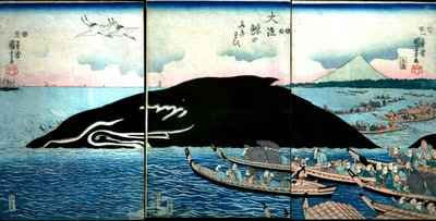 Mylder af mennesker omkring en fanget hval af Utagawa Kuniyoshi