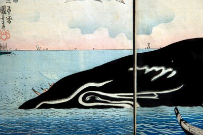 Mylder af mennesker omkring en fanget hval af Utagawa Kuniyoshi