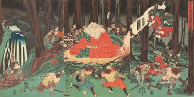 Ushiwakamaru lærer fægtekunsten af tenguerne, som overvåges af deres mester Sojobo (træsnit) af Utagawa Kuniyoshi