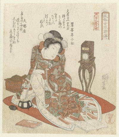 Kvinde med ur Elegant Women as the Heroes of the Suikoden - fra en serie af One Hundred and Eight (serietitel) Fûzoku onna Suikoden - Hyakuhachiban no uchi (serietitel på objekt) af Utagawa Kuniyoshi