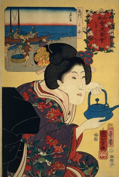 Servitrice med sake-kedel, med Nagato-stranden afbildet på billedet i baggrunden af Utagawa Kuniyoshi