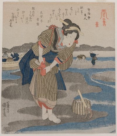 Kvinde, der fastgør sine skørter; fra serien Fem billeder af lavvande af Utagawa Kuniyoshi