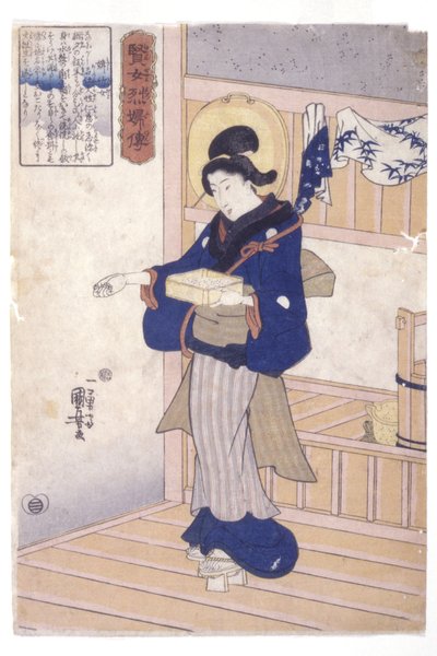 Kvinde med æske med frø (træbloktryk i farver) af Utagawa Kuniyoshi