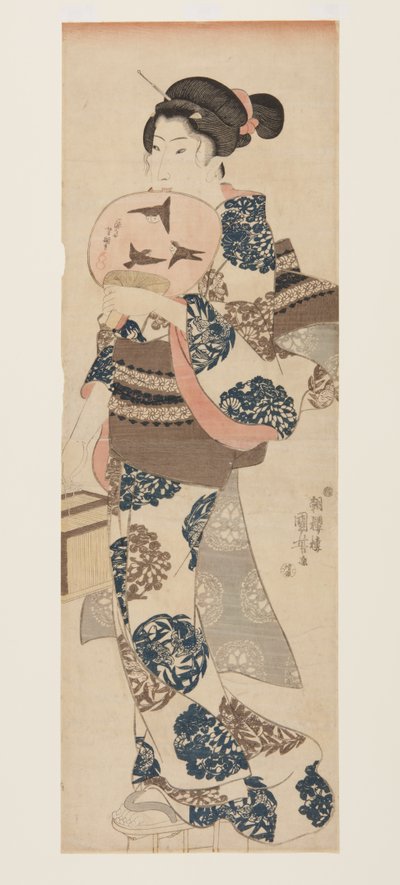 Kvinde med vifte og insektbur (træbloktryk i farver) af Utagawa Kuniyoshi