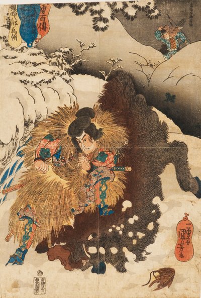Træbloktryk - Chinzei Hachiro Tametomo vælter et vildsvin i de sneklædte bjerge i Mashik af Utagawa Kuniyoshi