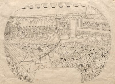 Design til vifteformet print af Kabuki Theatre af Utagawa Sadahide