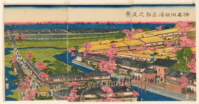 Panoramamedlem Yokohama, Kanagawa (Kanagawa Yokohama blomsterramme) af Utagawa Sadahide