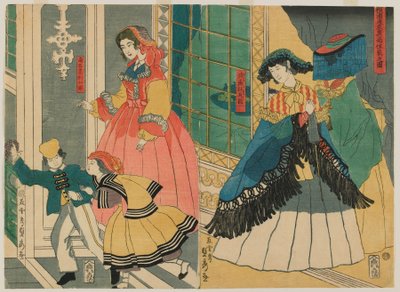 Billede af boligen for en udenlandsk købmand fra udlandet: Portugal og Sydamerika, Edo-perioden, 1861 (træbloktryk i farver) af Utagawa Sadahide