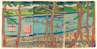 P Roterende lyd af Minamoto no Yoritomo a c Ross tee Rive r af Utagawa Sadahide