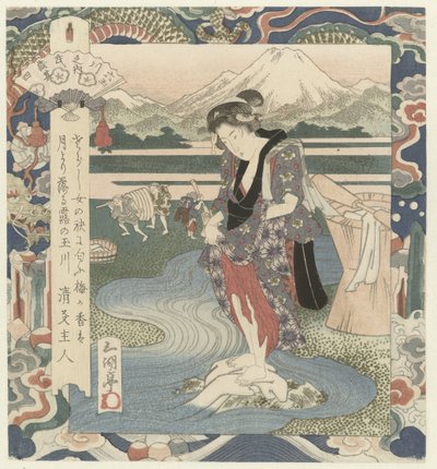 Kvinde vasker tøj i floden Chôbû-floden i Musashi, nummer fire Musashi - sono yon (titel på objekt) The Six Jewel Rivers (serietitel) Mutamagawa no uchi (serietitel på objekt) af Utagawa Sadakage