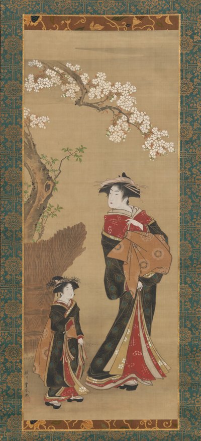 Courtesane og hendes ledsager under et kirsebærtræ, begyndelsen af det 19. århundrede. af Utagawa Toyoharu