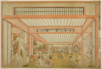 Udsigt over receptionslokaler i Japan - Underholdning på rottens dag i moderne stil, ca. 1771-76 af Utagawa Toyoharu