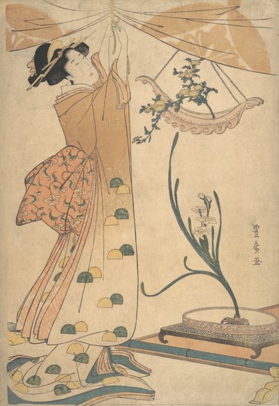 En kvinde, der binder et gardin, et blomsterarrangement af krysantemum i en bådformet ha..., ca. 1805. af Utagawa Toyohiro