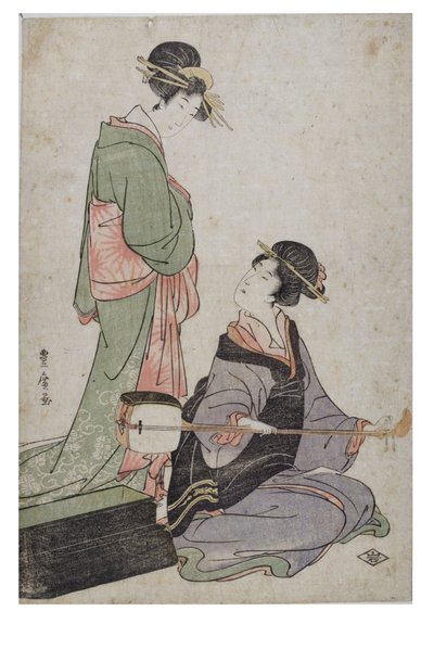 To Bijin, den ene med Samisen, Edo-perioden af Utagawa Toyohiro