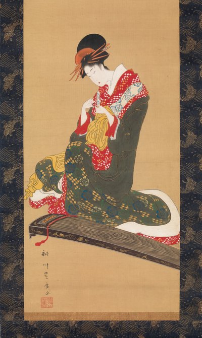 Kvinde, der sætter fingerplekter på for at spille Koto, tidligt i det 19. århundrede. af Utagawa Toyohiro