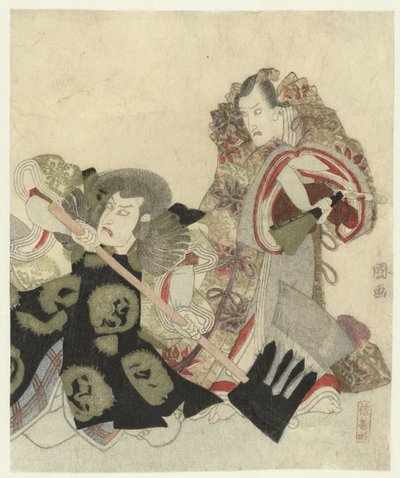 Ichikawa Danjûrô VII som Yoshimune no Munesada med fan og Ichikawa Omezô i rollen som Sekibei med økse af Utagawa Toyokuni (I)