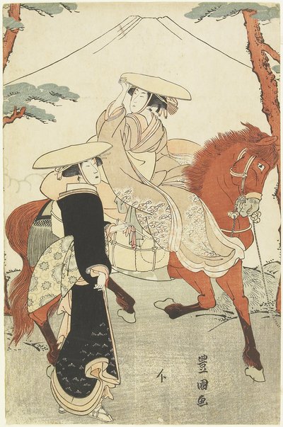 (To kvinder, en gående, en på hesteryg), slutningen af det 18.-begyndelsen af det 19. århundrede af Utagawa Toyokuni