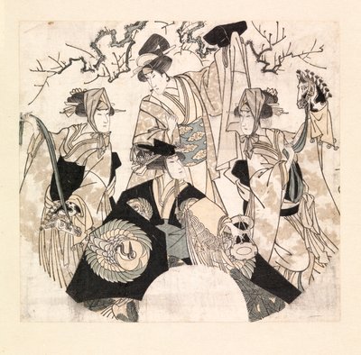 Skuespillere udfører scenedans af de fire Onnagataer, ca. 1800-05 (farvetræssnit) af Utagawa Toyokuni