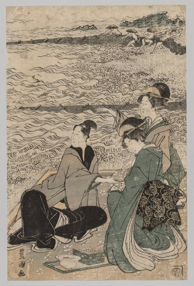 Mand og to kvinder ved havet, 1769-1825. af Utagawa Toyokuni