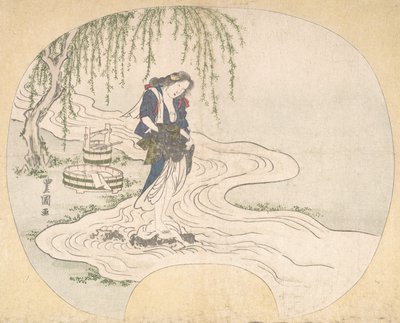 En kvinde står på en sten i en strøm og vasker tøj, ca. 1828. af Utagawa Toyokuni II
